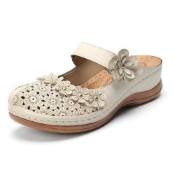 Beige Round Toe Low Heel Floral Sliders