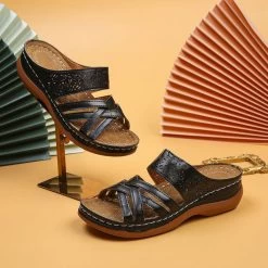 Black Open Toe Low Heel Cross Sliders