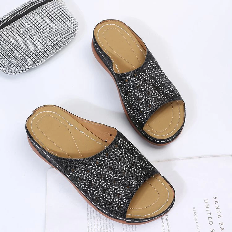 Hot Drilling Black Open Toe Low Heel Sliders - Image 3