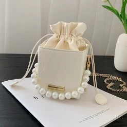 White Zip Chains Pearl Detail Shoulder Bag