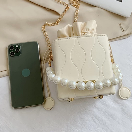 White Zip Chains Pearl Detail Shoulder Bag - Image 3