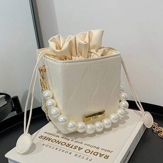 White Zip Chains Pearl Detail Shoulder Bag - Image 2