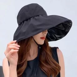 Cotton Detail Ruched Black Visor Hat