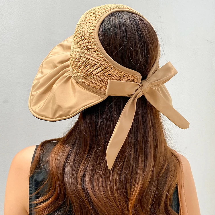 Polyester Detail Tie Back Beige Visor Hat - Image 2