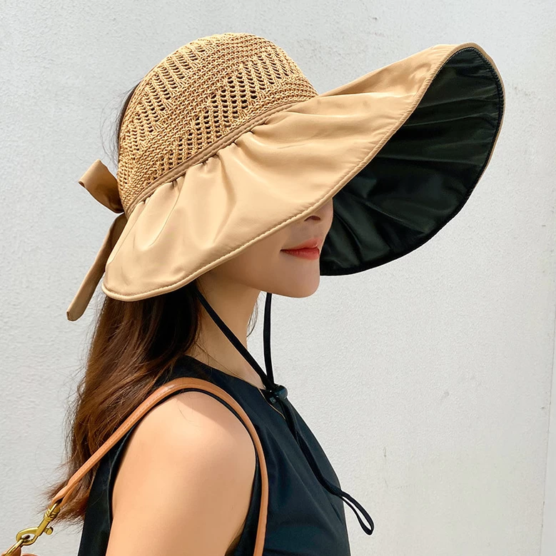 Polyester Detail Tie Back Beige Visor Hat