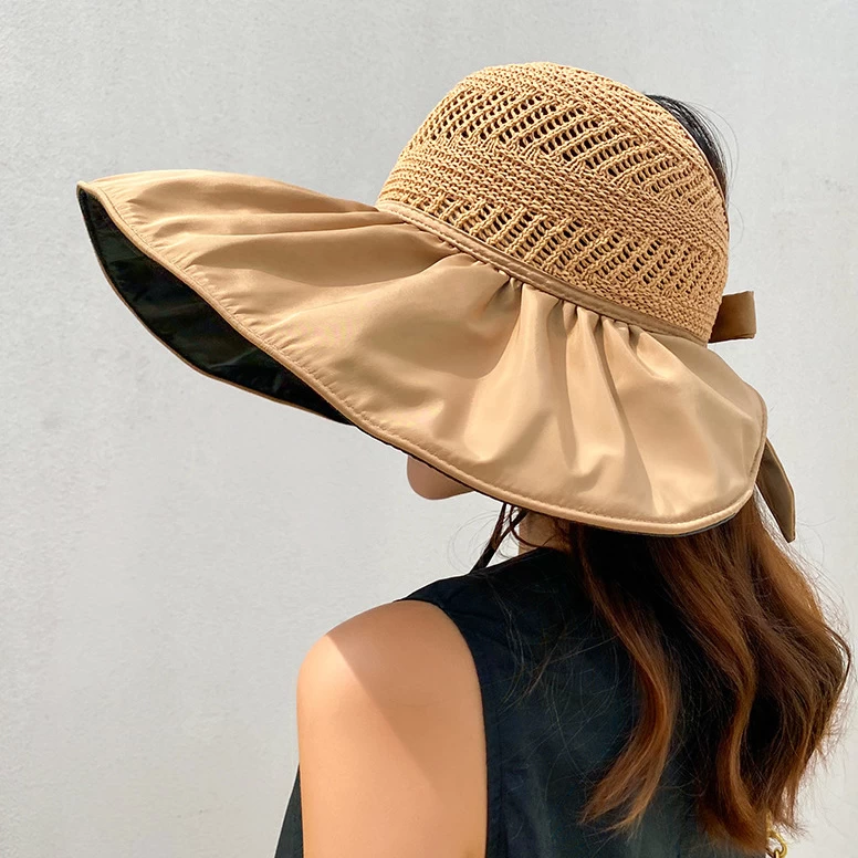 Polyester Detail Tie Back Beige Visor Hat - Image 4