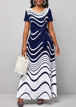 Navy Tie Geometric Print Belted Maxi Dress