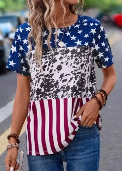 Blue Lightweight Flag Print Short Sleeve T Shirt