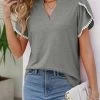 Grey Patchwork Short Sleeve Split Neck T Shirt