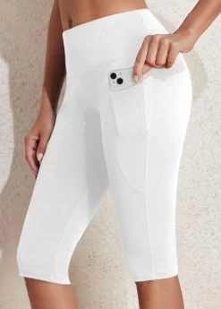 White Mid Waisted Knee Length Elastic Waist Leggings