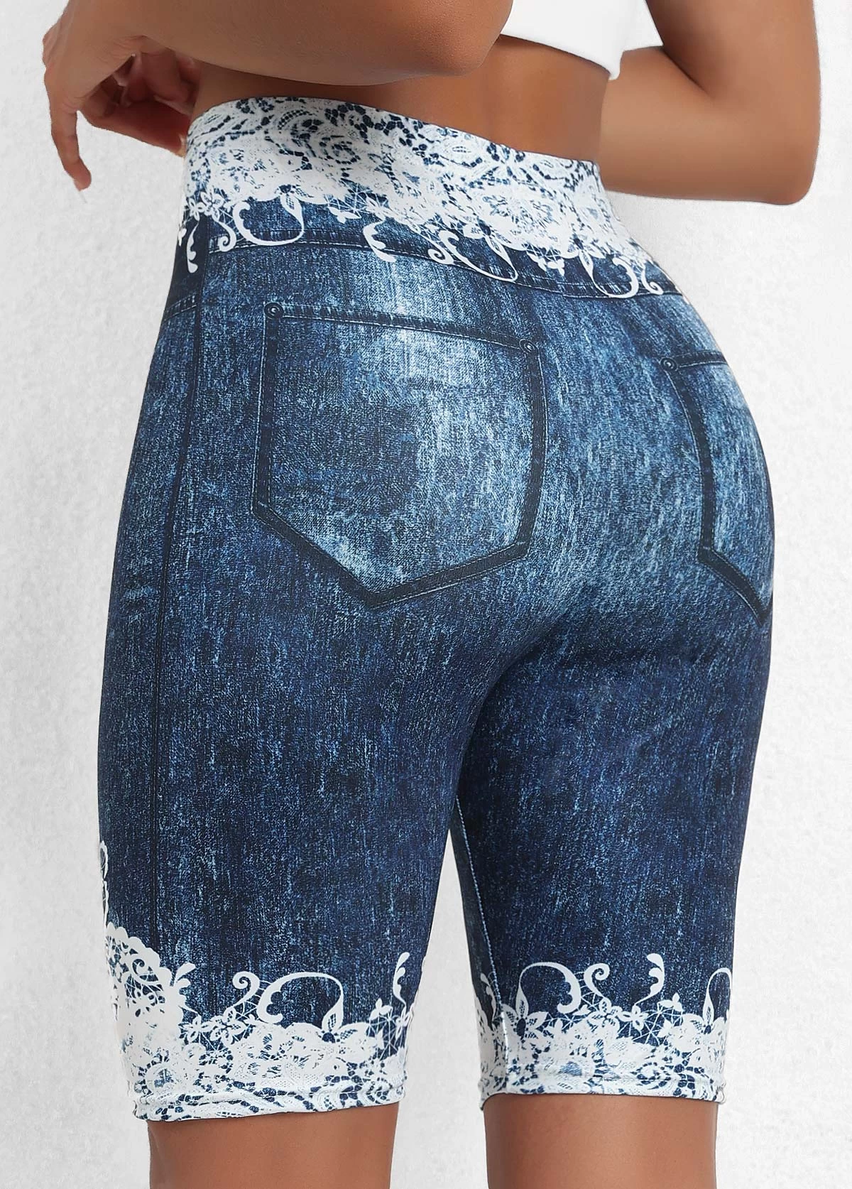 Denim Blue Floral Print High Waisted Short Leggings - Image 2