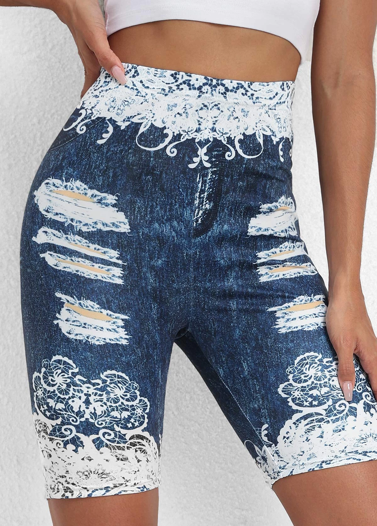 Denim Blue Floral Print High Waisted Short Leggings - Image 4