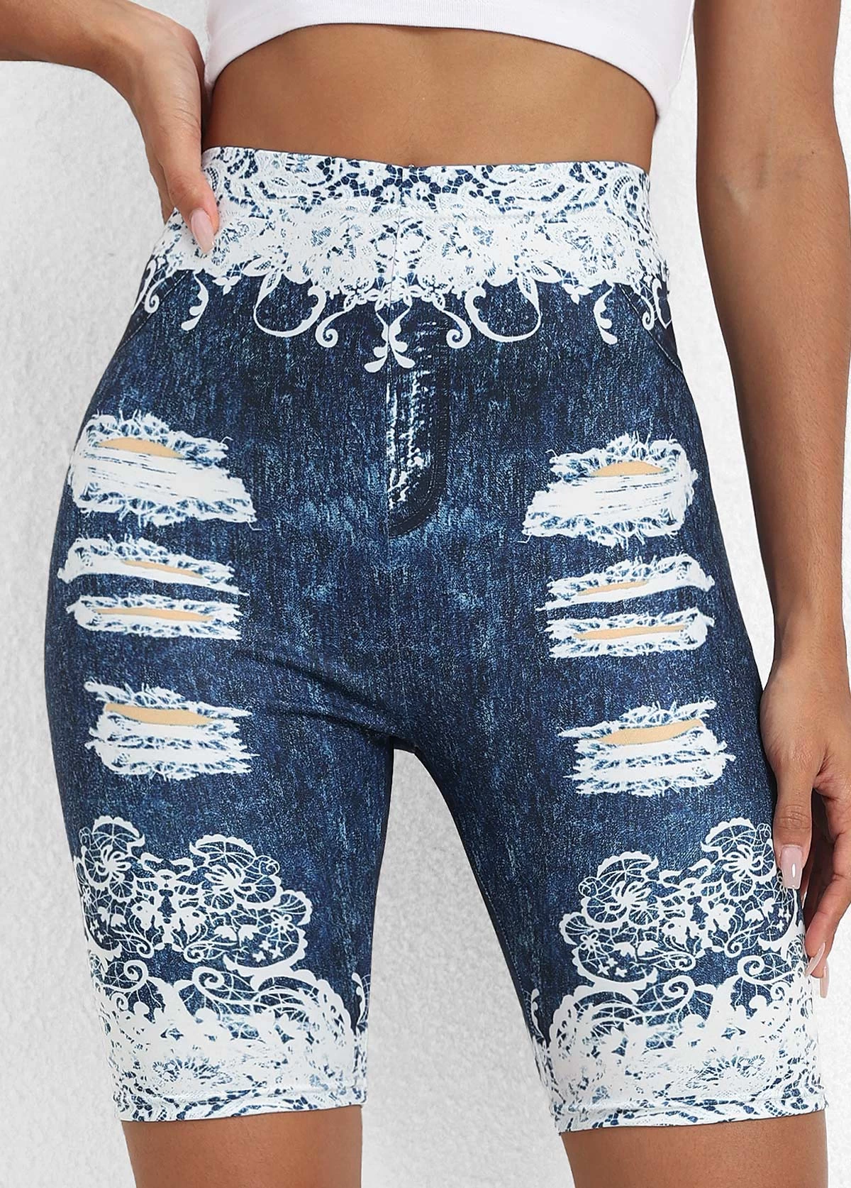 Denim Blue Floral Print High Waisted Short Leggings - Image 3