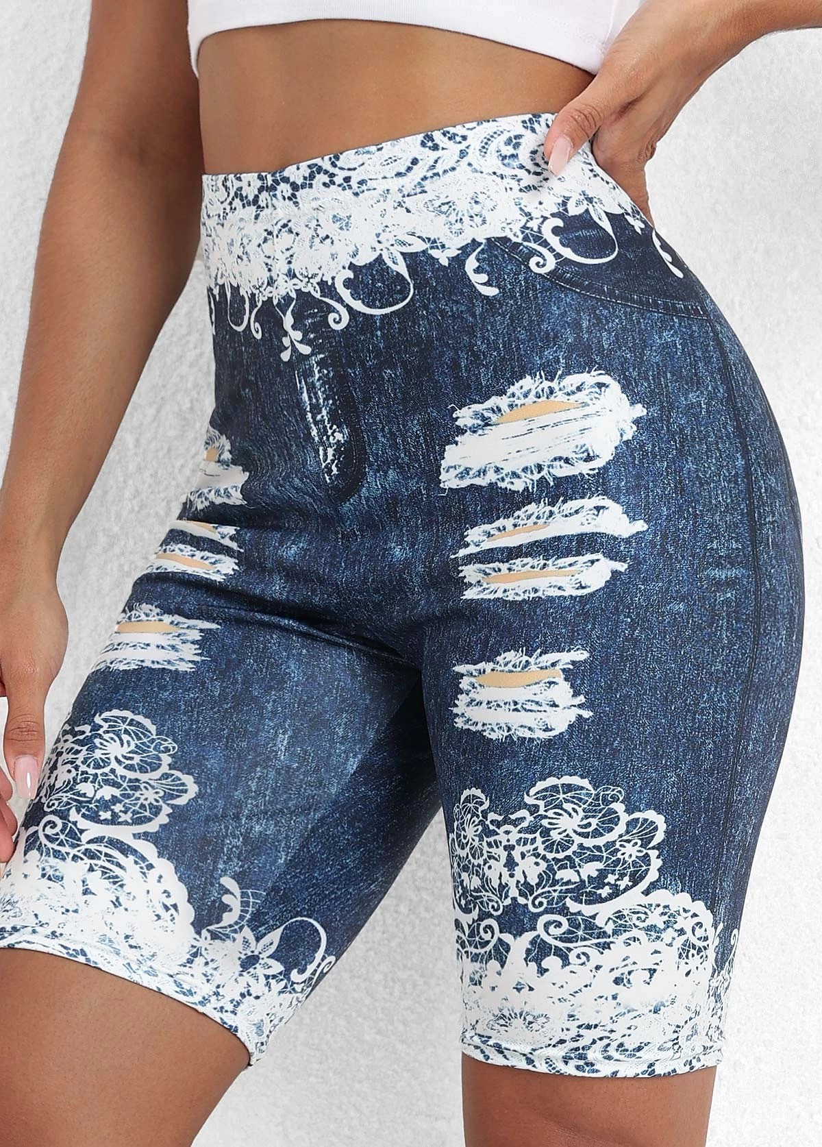 Denim Blue Floral Print High Waisted Short Leggings - Image 5