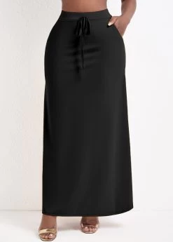 Black Pocket A Line Drawastring Maxi Skirt