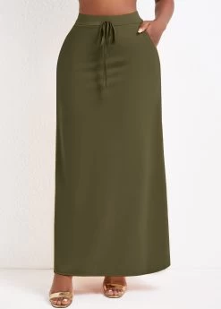 Olive Green Pocket A Line Drawastring Maxi Skirt