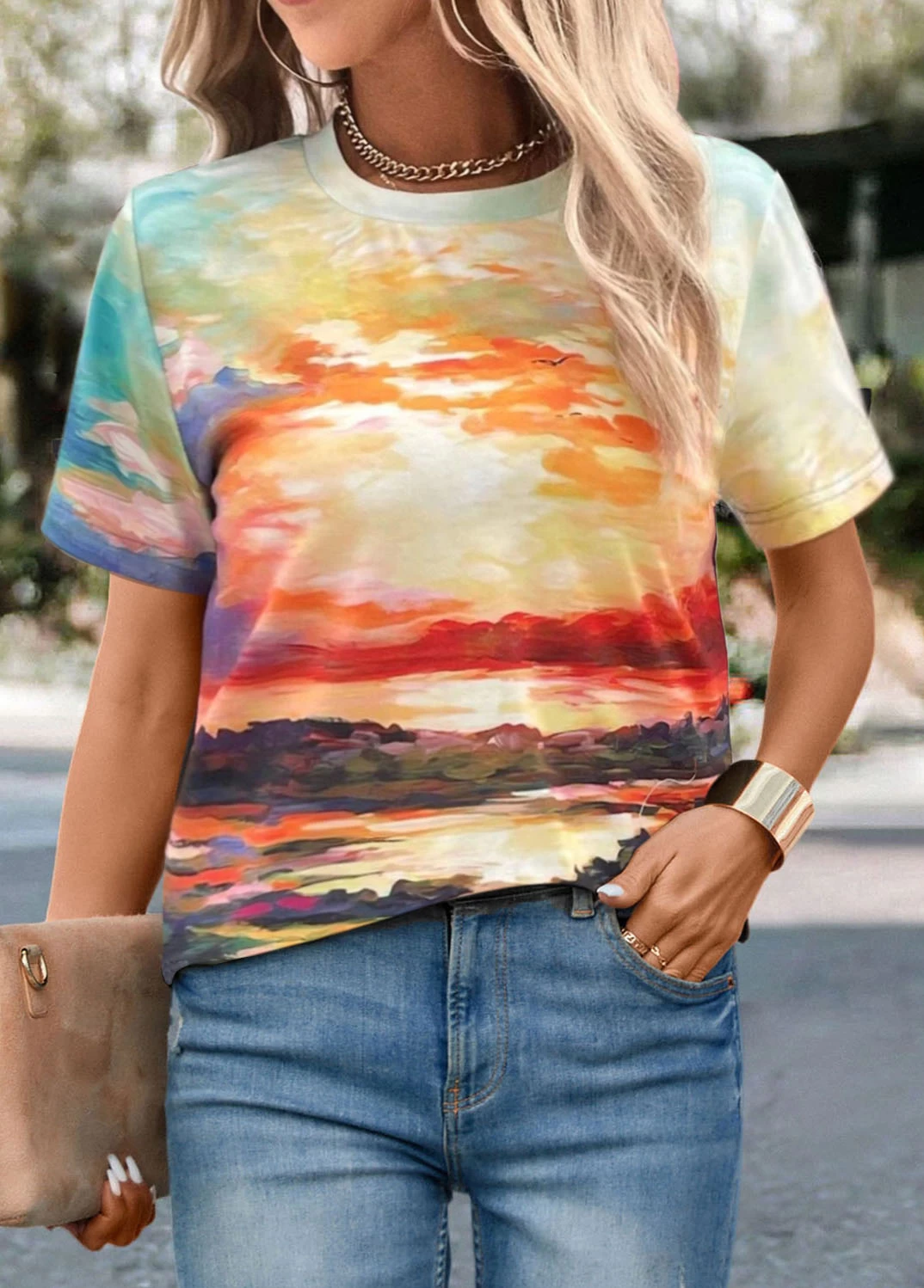 Multi Color Landscape Print Short Sleeve T Shirt - Image 3