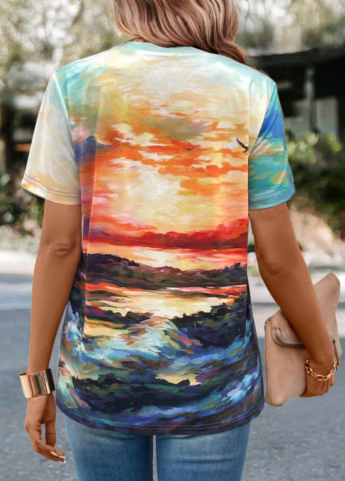 Multi Color Landscape Print Short Sleeve T Shirt - Image 2