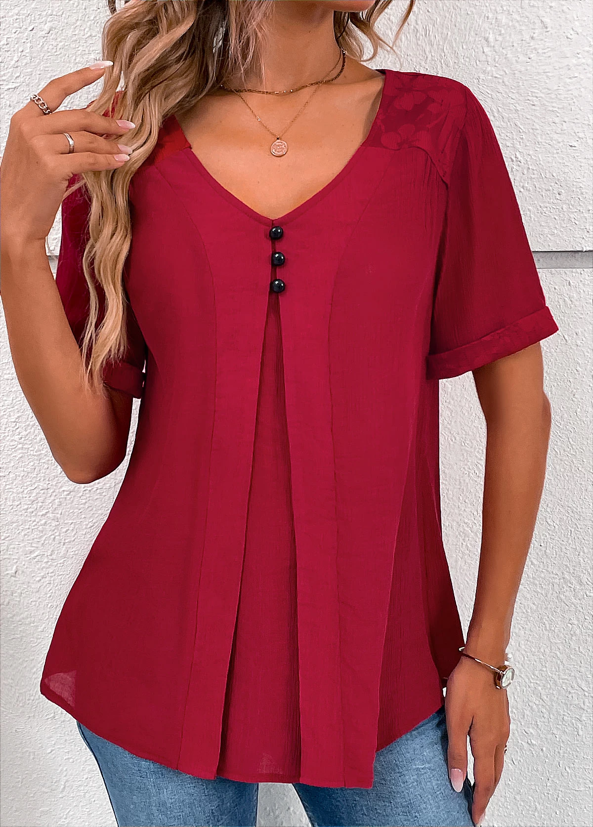 Wine Red Lace Short Sleeve V Neck Blouse - Image 5
