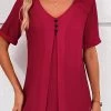 Wine Red Lace Short Sleeve V Neck Blouse