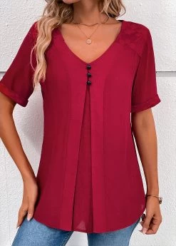 Wine Red Lace Short Sleeve V Neck Blouse