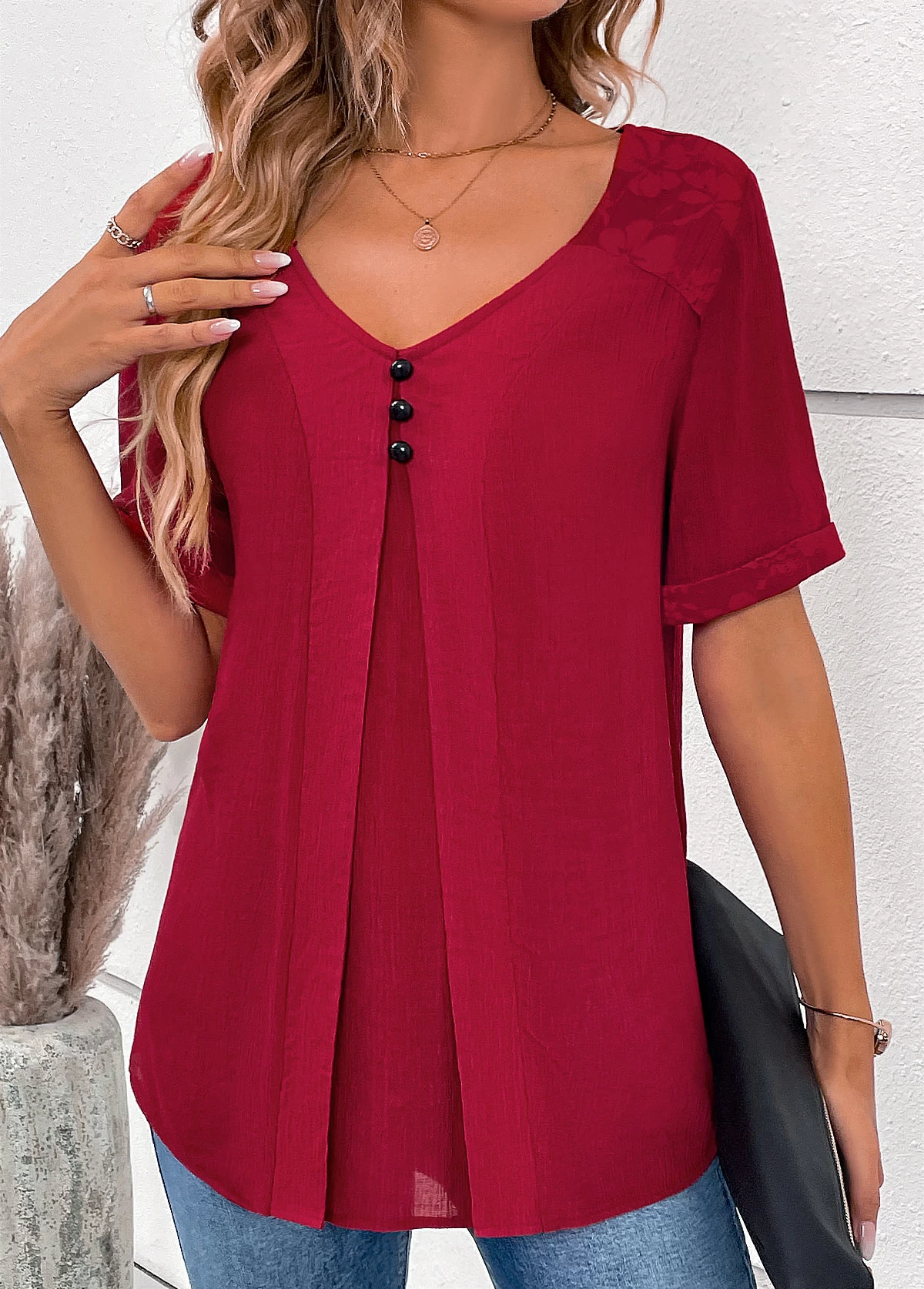 Wine Red Lace Short Sleeve V Neck Blouse - Image 3