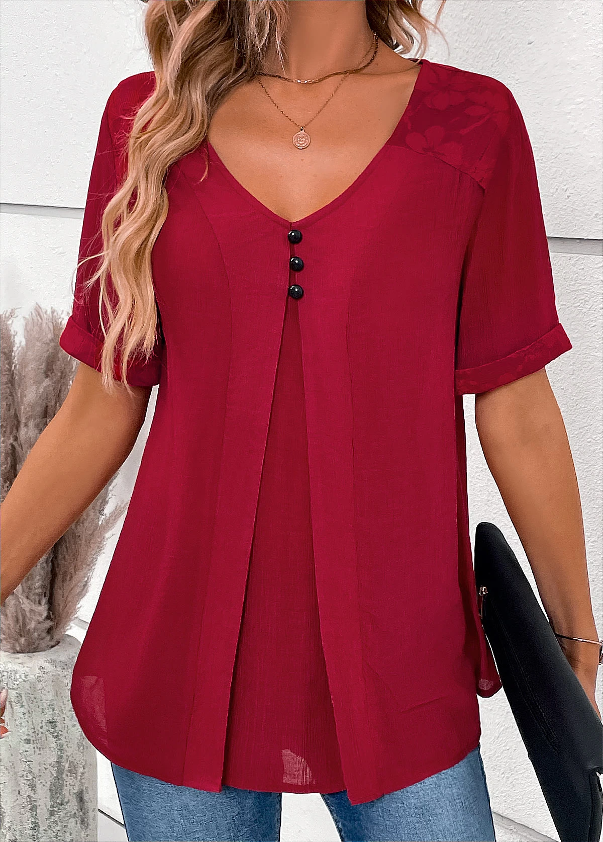 Wine Red Lace Short Sleeve V Neck Blouse - Image 6
