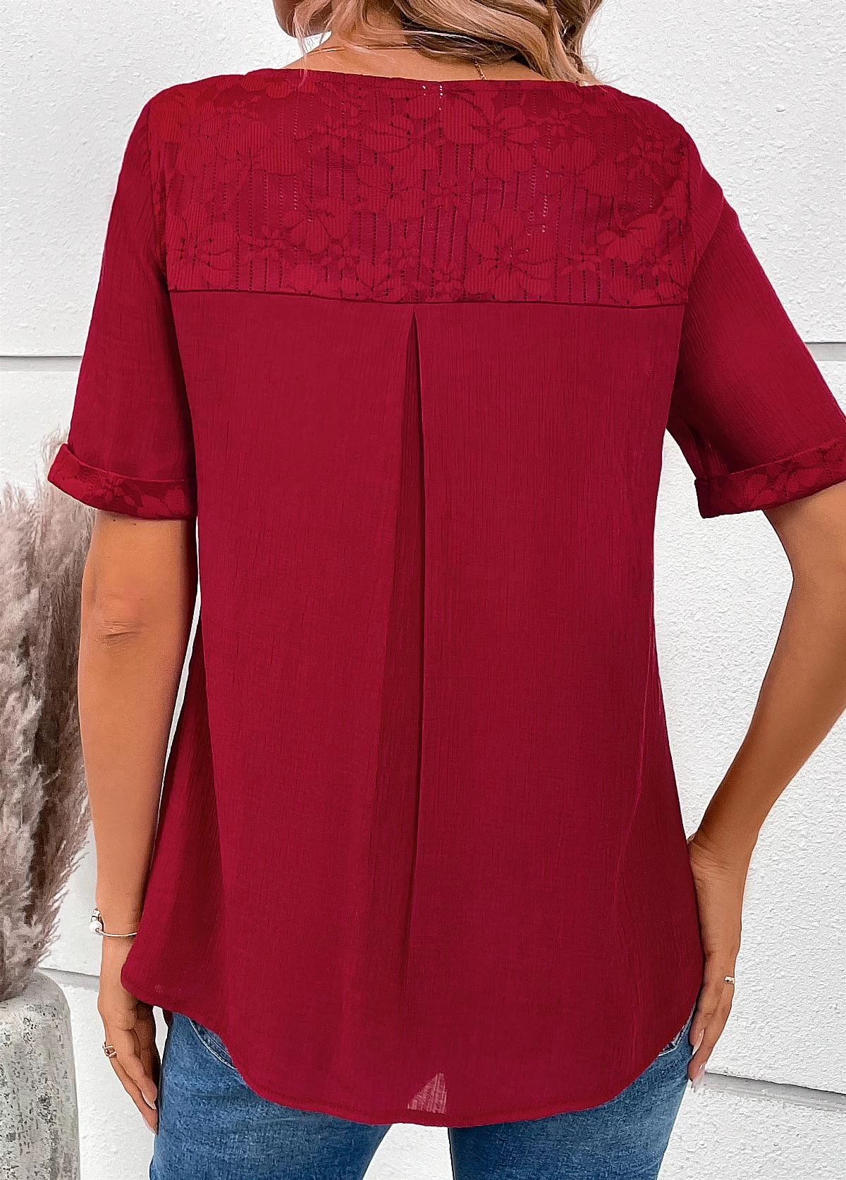 Wine Red Lace Short Sleeve V Neck Blouse - Image 2