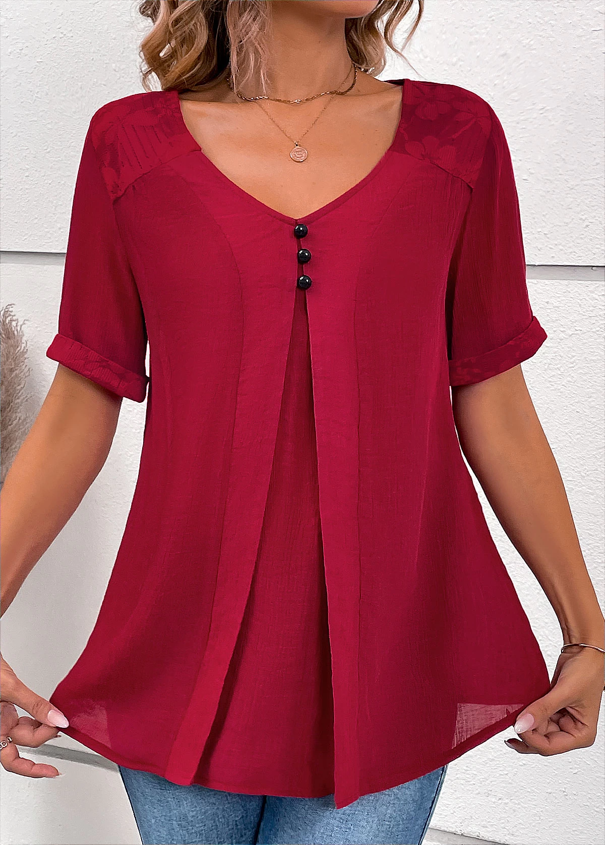 Wine Red Lace Short Sleeve V Neck Blouse - Image 4