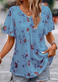 Blue Floral Print Short Sleeve V Neck Blouse