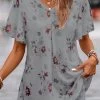 Grey Floral Print Short Sleeve V Neck Blouse
