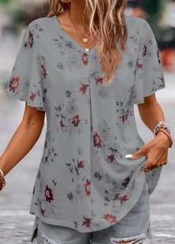 Grey Floral Print Short Sleeve V Neck Blouse