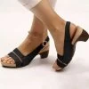 Black Vamp Band Peep Toe Mid Heel Sandals