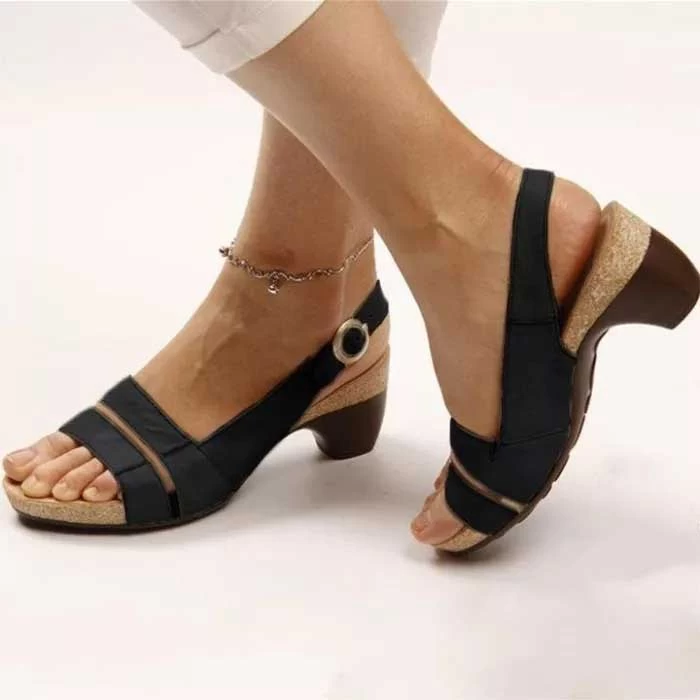 Black Vamp Band Peep Toe Mid Heel Sandals