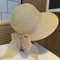 Beige Bowknot Detail Visor Straw Hat