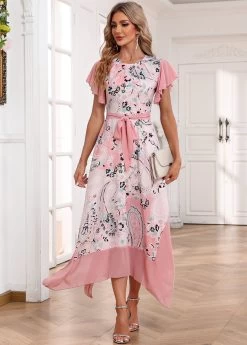 Light Pink Handkerchief Hem Paisley Print Belted Dress