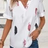 White Lightweight Feathers Print Short Sleeve Blouse