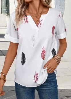White Lightweight Feathers Print Short Sleeve Blouse