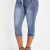 Denim Blue Pocket Skinny Drawastring Mid Waisted Jeans