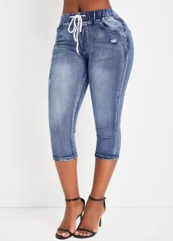 Denim Blue Pocket Skinny Drawastring Mid Waisted Jeans