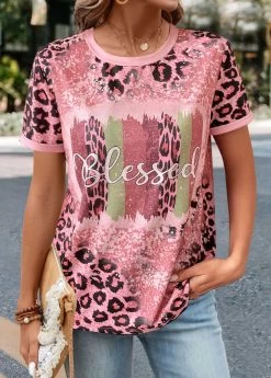 Pink Patchwork Leopard Short Sleeve T Shirt