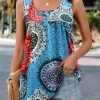 Blue Ruched Tribal Print Tank Top