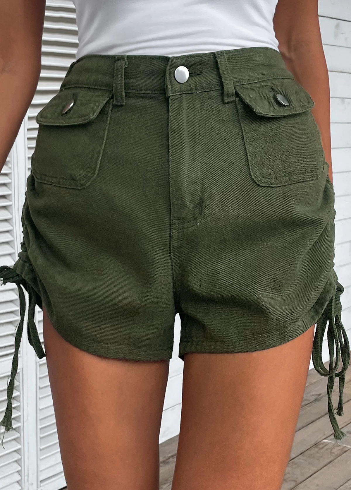 Olive Green Pocket Regular Button Fly Shorts - Image 3