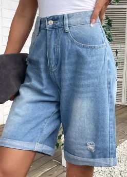 Denim Blue Pocket Button Fly High Waisted Shorts