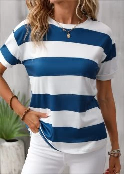 Blue Striped Short Sleeve Round Neck T Shirt