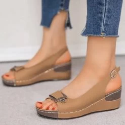 Light Camel Peep Toe Low Heel Wedges