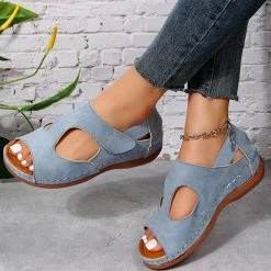 Blue Peep Toe Low Heel Sandals