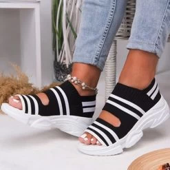 Black Striped Open Toe Low Heel Sandals