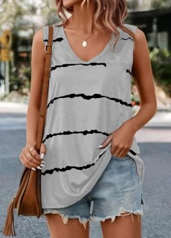 Grey Striped V Neck Tank Top