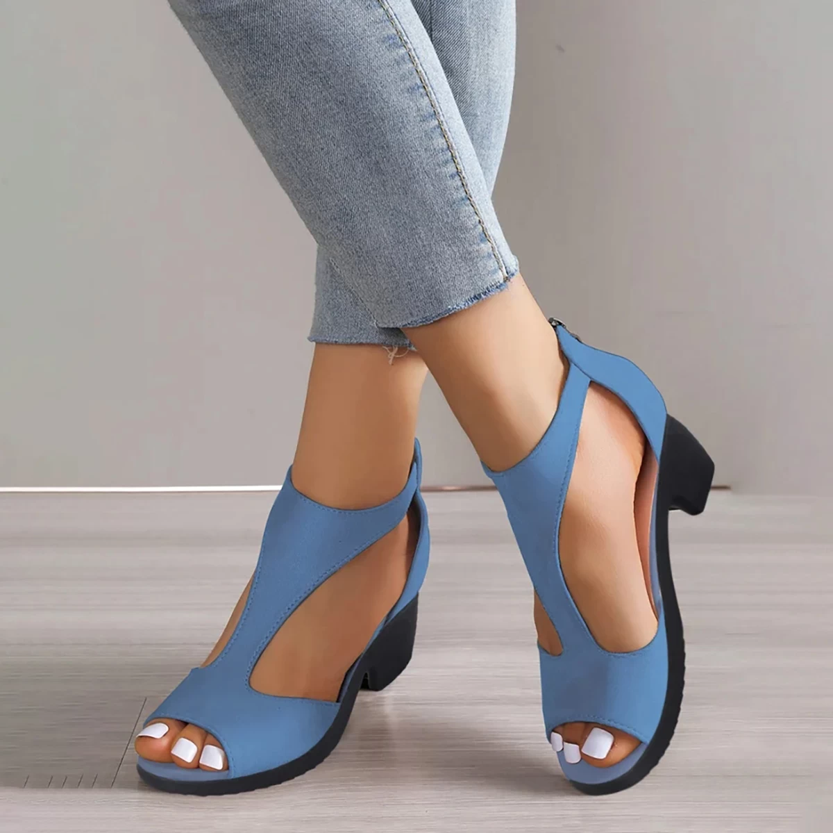 Dusty Blue Peep Toe Mid Heel Sandals